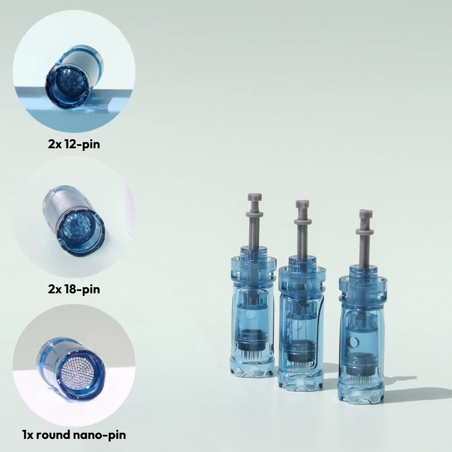 Dr. Pen A9 Face Combo Cartridge Pack includes 2 x 12 pin, 2 x 18 pin & 1 x round nano pin