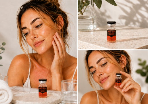 Woman with glowing post-microneedling skin posing beside MEDISCO Skinbooster PDRN EXO ampoule in a warm, spa-inspired skincare setting, highlighting hydration, skin recovery, and soothing microneedling aftercare.
