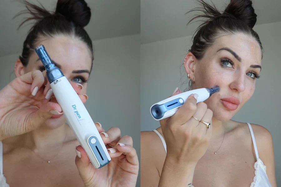 A woman using Dr. Pen A9 Microneedling Pen
