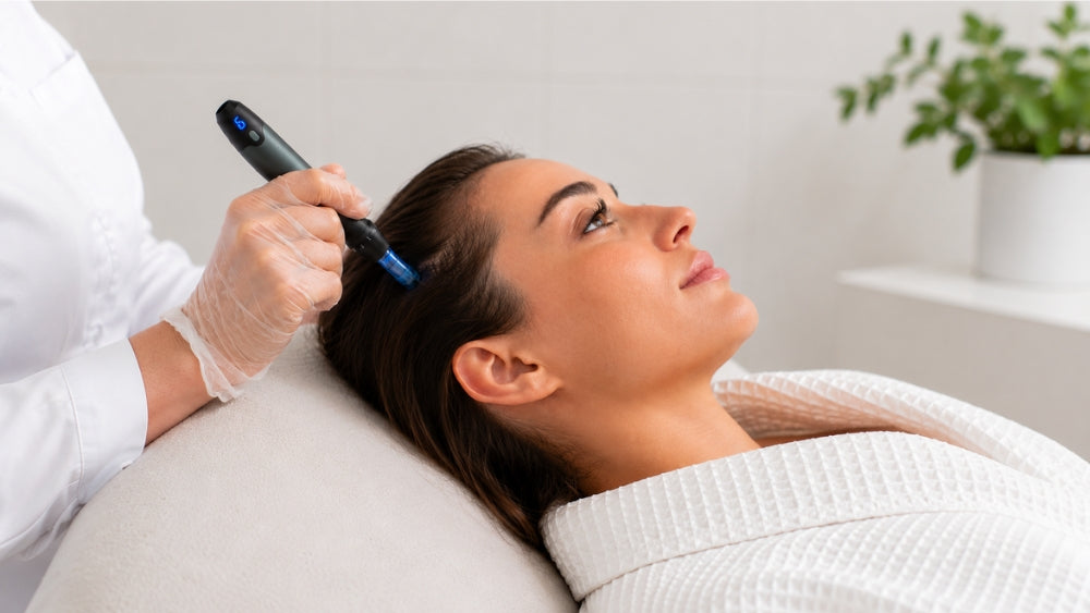 Woman receiving a scalp microneedling treatment with a Dr Pen A20 microneedling device in a clean clinical spa setting, while lying relaxed on a treatment bed wearing a white robe.