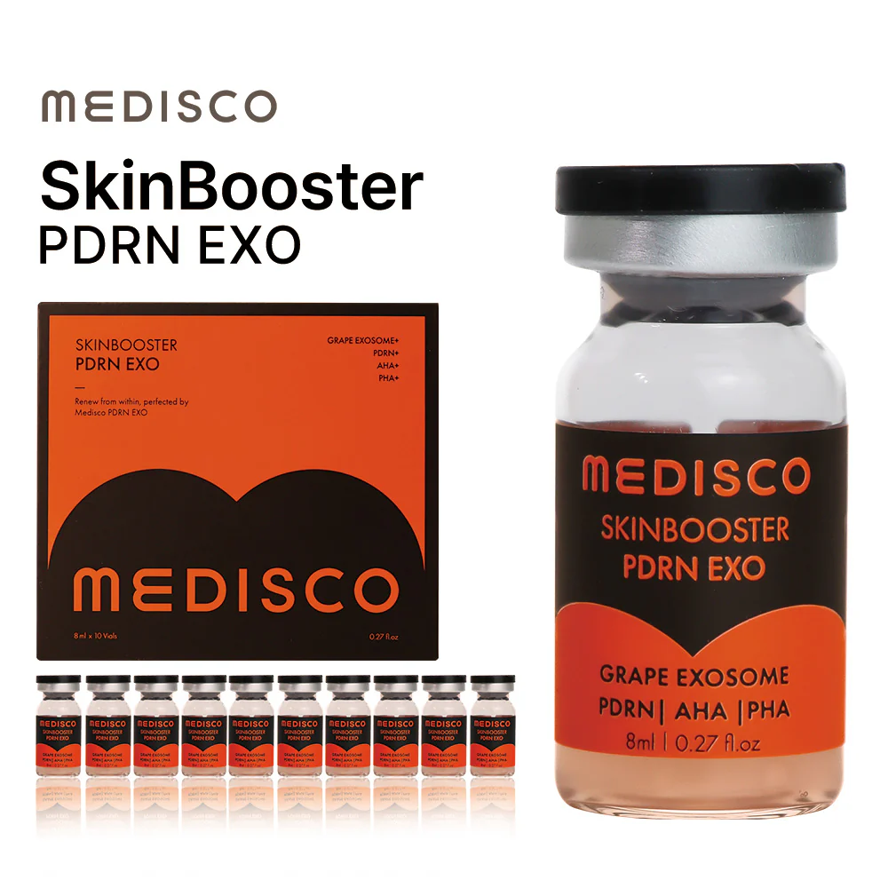Medisco Skinbooster PDRN EXO, with its packaging and multiple vials displayed on a white background