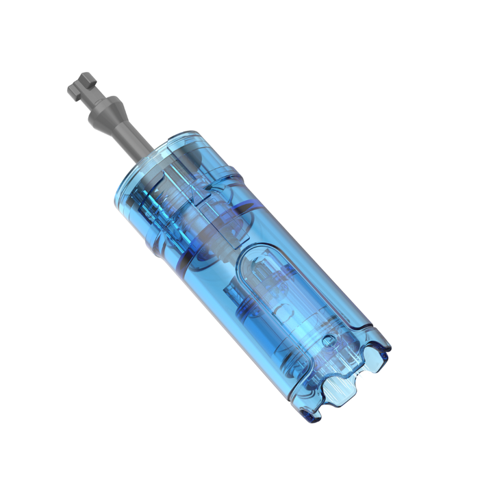 Different angled view of a Dr. Pen M9 42-pin microneedling cartridge with a clear blue plastic body and metal needle tip.
