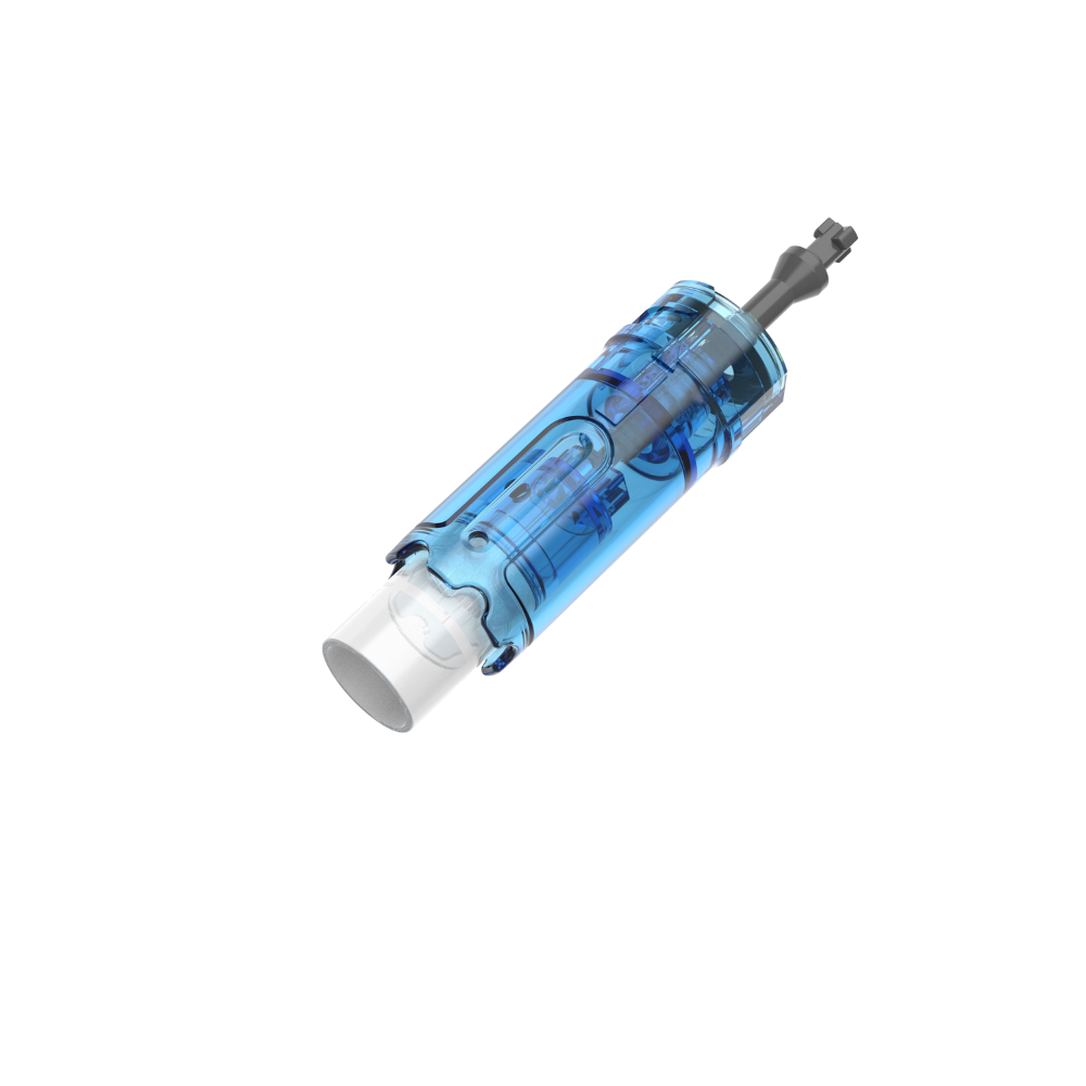 Angled view of a Dr. Pen Max 18-pin microneedling cartridge with clear blue casing, visible internal needle mechanism, and attached protective cap