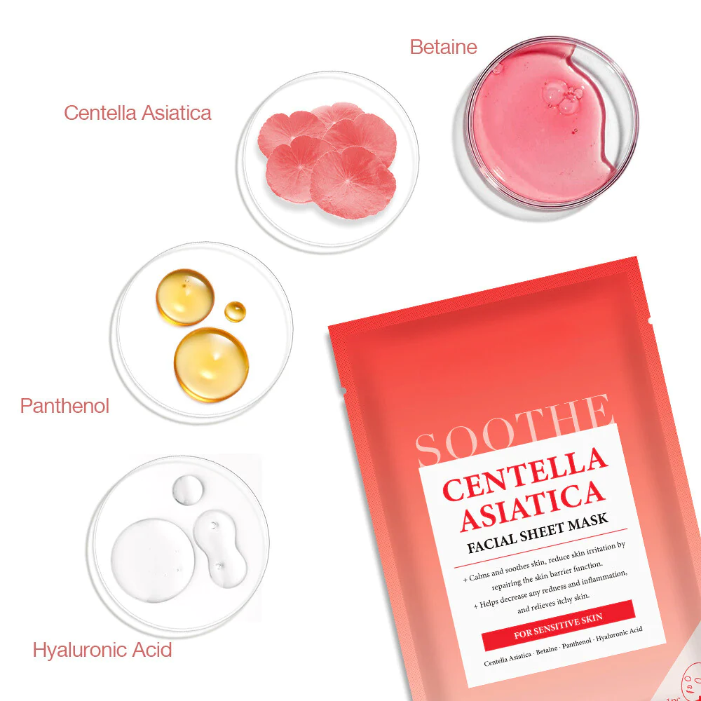 Ingredients include Centella Asiatica,  Betaine, Panthenol, Hyaluronic Acid in Facial Mask 