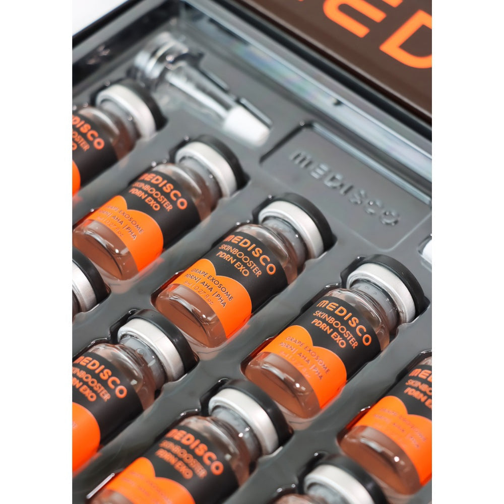 Close up to Multiple Medisco Skinbooster PDRN EXO vials on display