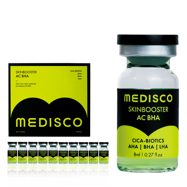 Close up to a vial of Medisco SkinBooster AC BHA, with its packaging and multiple vials displayed on a white background