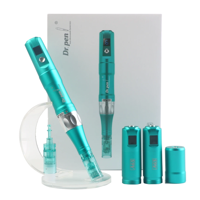 Dr. Pen A6S microneedling device pictured with box, spare batteries and needle cartridge  