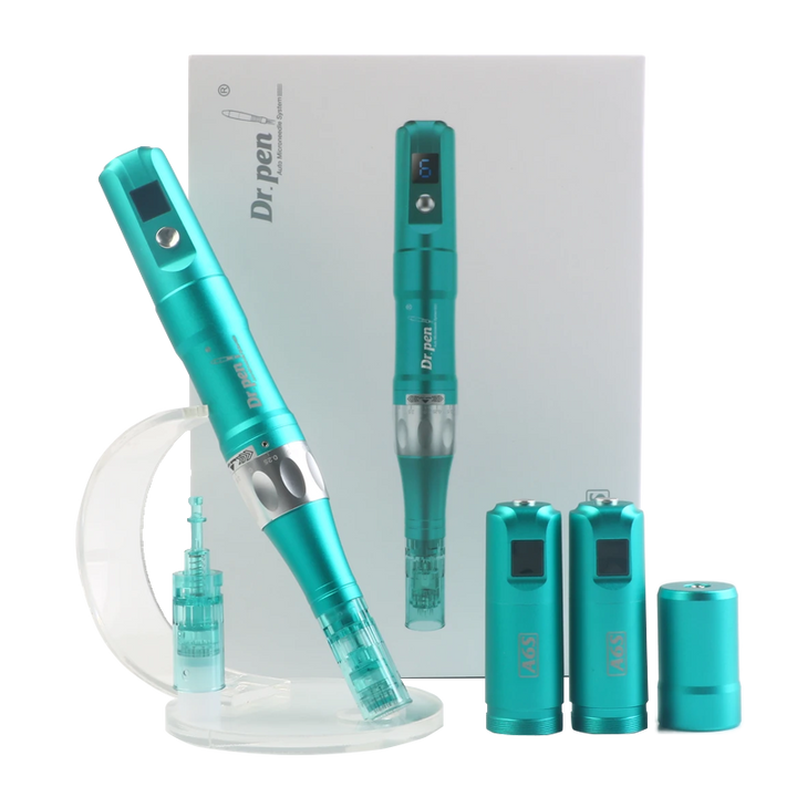 Dr. Pen A6S microneedling device pictured with box, spare batteries and needle cartridge  