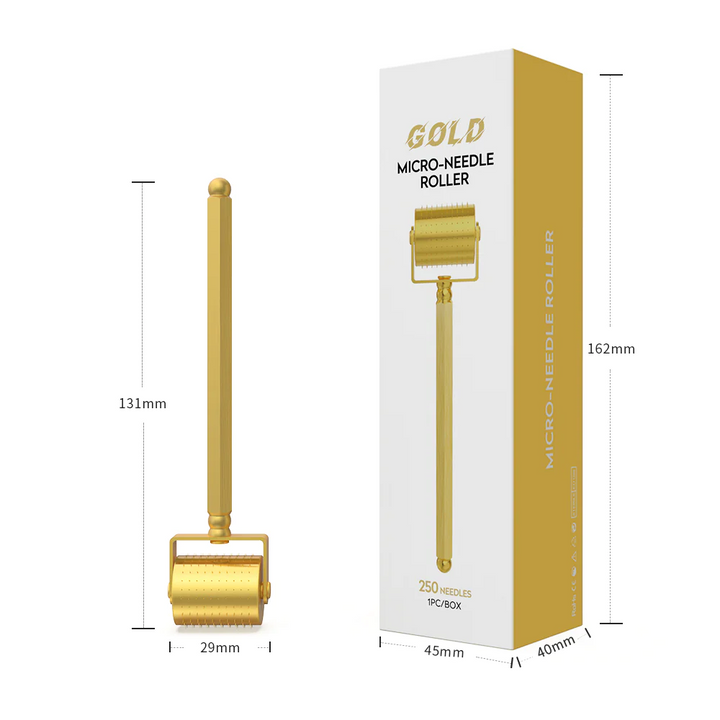 Dimension of 24K Gold Plated Lux Derma Roller & its packaging