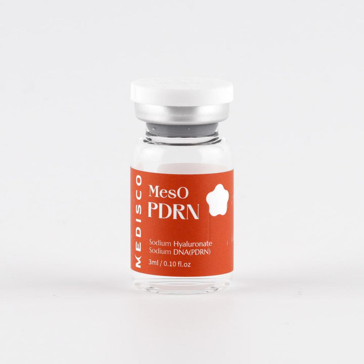 Close-up of a single Medisco MesO PDRN Ampoule vial featuring sodium hyaluronate and PDRN.