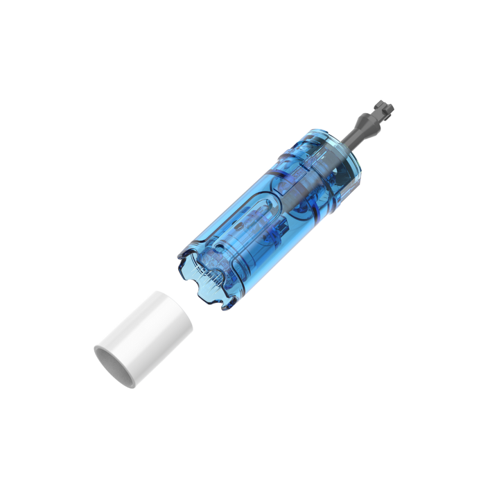 Angled view of a Dr. Pen M8 Max microneedling cartridge with clear blue casing, visible internal needle mechanism, and detached removable protective cap
