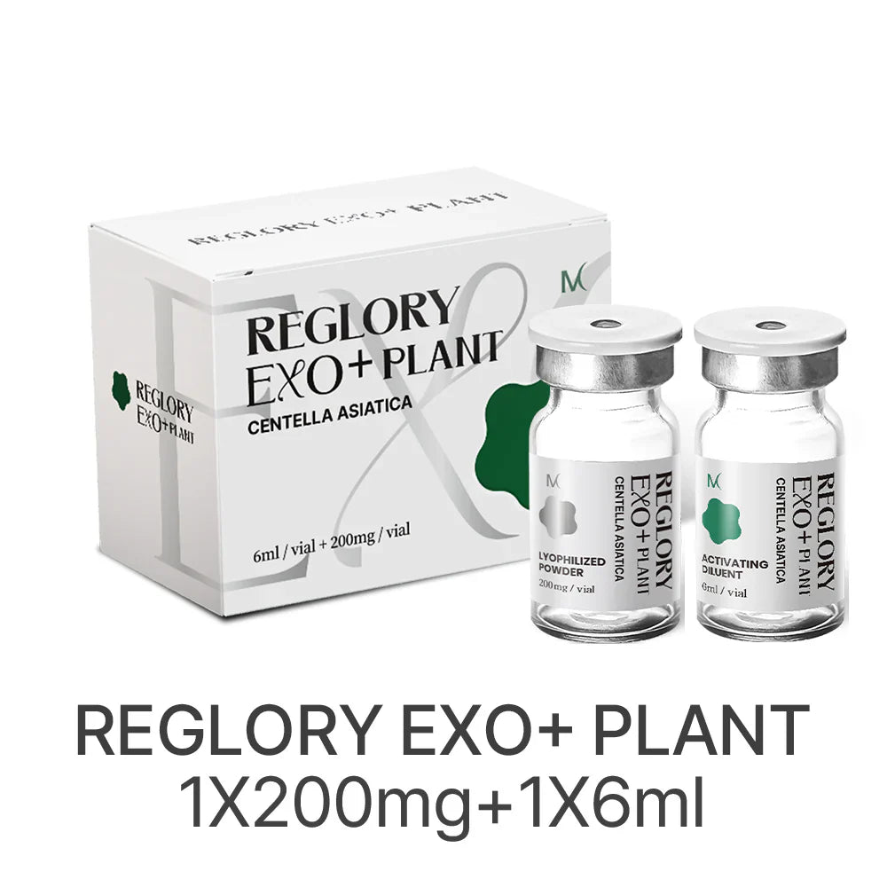 Reglory EXO⁺ PLANT Exosome Cica Skin Booster boxed set with lyophilized powder and activating diluent.