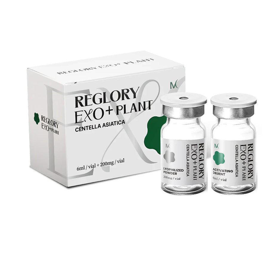 Reglory EXO⁺ PLANT Exosome Cica Skin Booster boxed set with lyophilized powder and activating diluent.