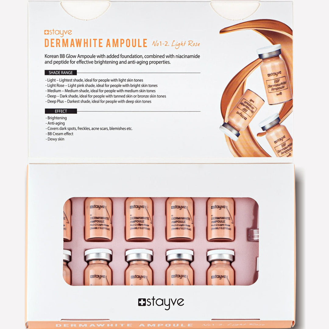 Stayve BB Glow Dermawhite Ampoule - No 1-2 Light Rose box showing 10 sealed 8ml vials