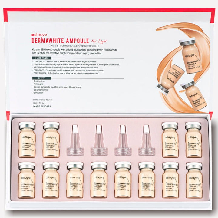 Stayve BB Glow Dermawhite Ampoule - No 1 Light box showing 10 sealed 8ml vials and applicators