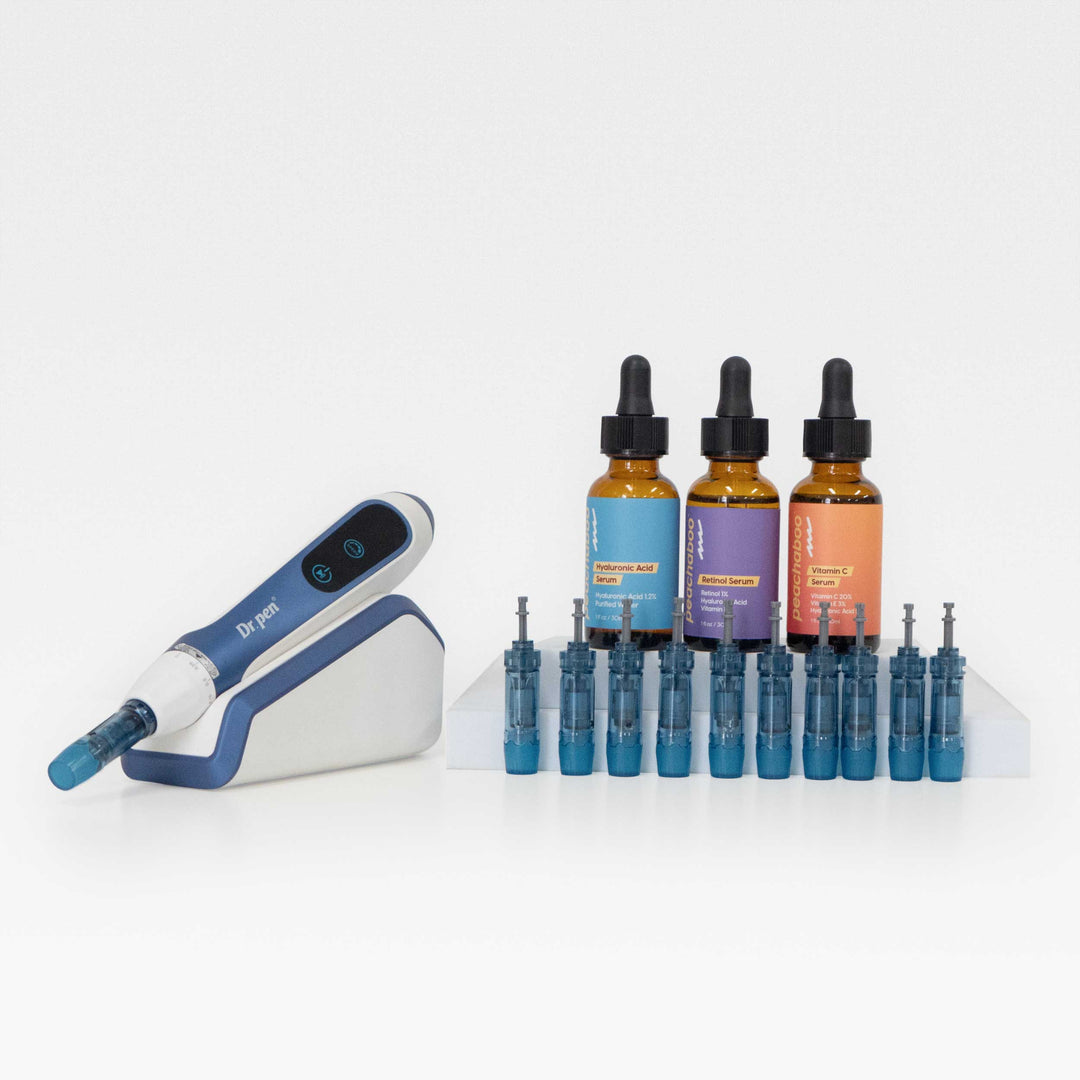 Collection of Dr. Pen A11 Black Friday Smooth Skin Bundle includes Dr. Pen A11 Microneedling Pen, 12-pin Cartridges for A11 (10 pack), Peachaboo Hyaluronic Acid Serum 30ml, Peachaboo Retinol Serum 30ml, Peachaboo Vitamin C Serum 30ml