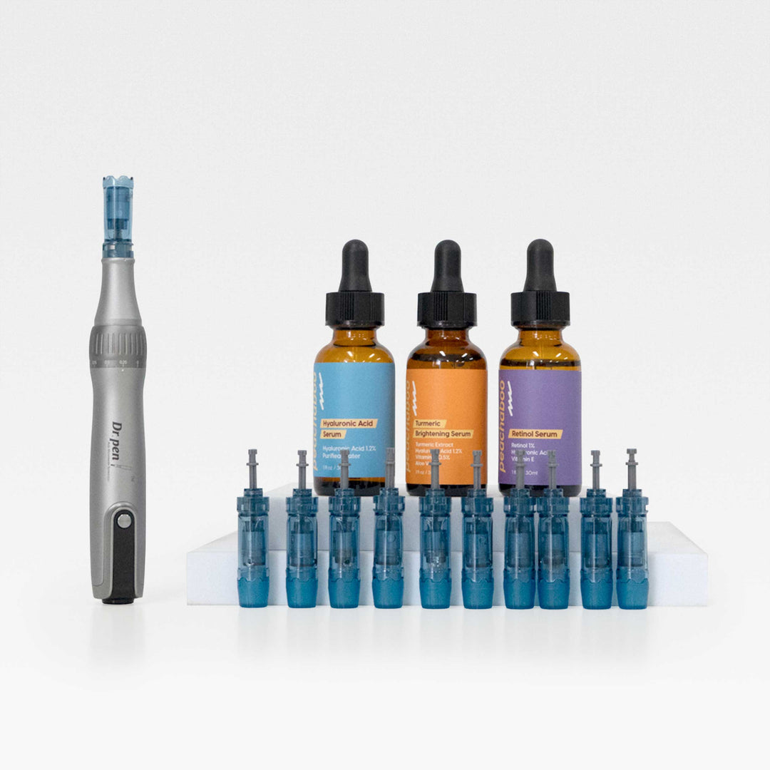 Collection of Dr. Pen M8S Black Friday Hair Restoration Bundle includes Dr Pen M8S Microneedling Pen, 12-pin Cartridges for M8S (10 pack), Peachaboo Hyaluronic Acid Serum 30ml, Peachaboo Turmeric Serum 30ml,  Peachaboo Retinol Serum 30ml