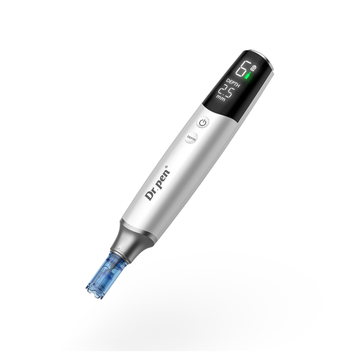 The overall look of Dr. Pen M9 Microneedling Pen with display screen for speed and depth needle, button, attachable pin cartridge with grey-coloured pen