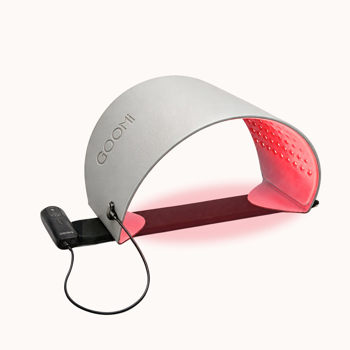 GOOMi FlexiGlow Red Light Therapy Panel switched on with red LED light therapy