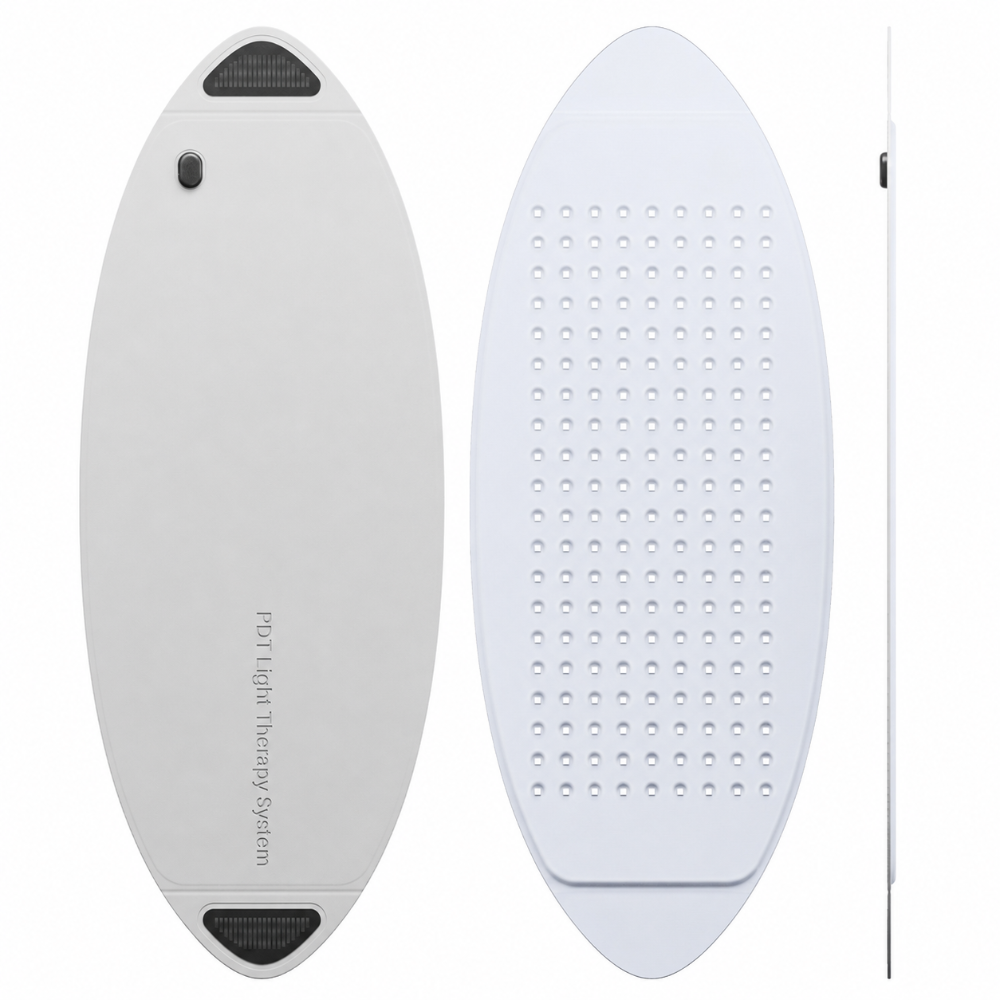 GOOMi FlexiGlow Red Light Therapy Panel  front, underside LED array and side profile views