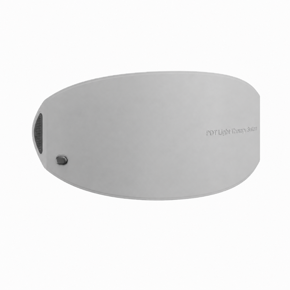 GOOMi FlexiGlow Red Light Therapy Panel grey, angled side view showing curved flexible body and control details.