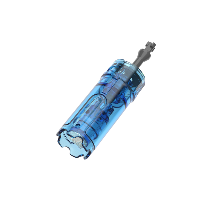 Angled view of a Dr. Pen M9 Nano round needling cartridge with a clear blue plastic body and needle tip