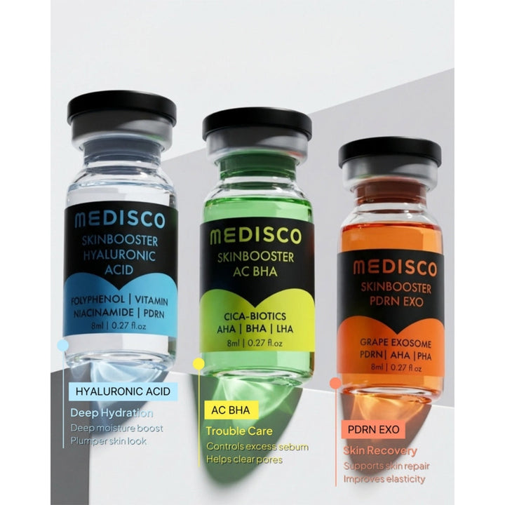 3 different type of Medisco Skin Booster vials and their benefits