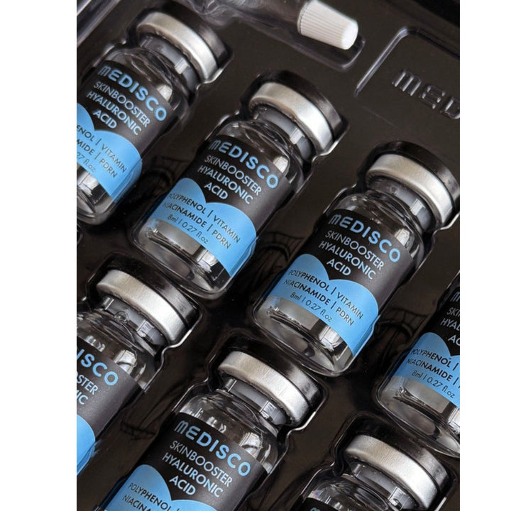 Close up to multiple Medisco Skinbooster Hyaluronic Acid vials  