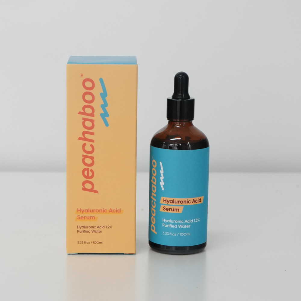 Close up on Peachaboo Hyaluronic Acid Serum & its packaging