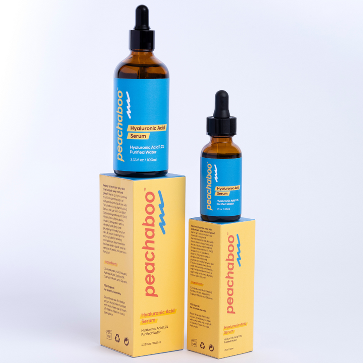 Peachaboo Hyaluronic Acid Serum in 100ml and 30ml bottles – a vegan, organic serum that deeply hydrates dry, tired, and dull skin, ideal for microneedling.