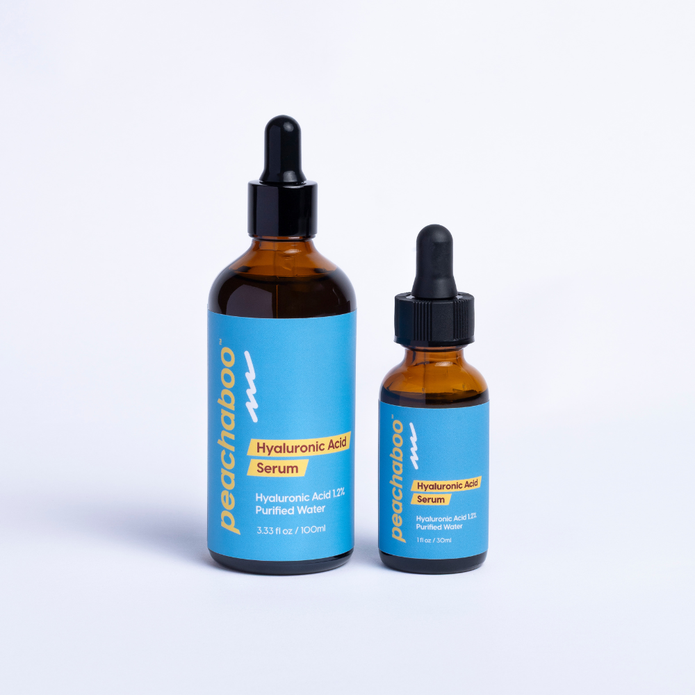 Peachaboo Hyaluronic Acid Serum in 100ml and 30ml bottles – a vegan, organic serum that deeply hydrates dry, tired, and dull skin, ideal for microneedling.