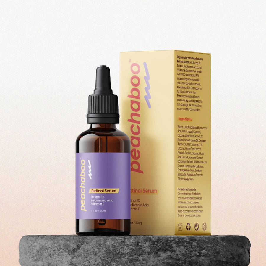 Close up on Peachaboo Retinol Serum 30ml & its packaging