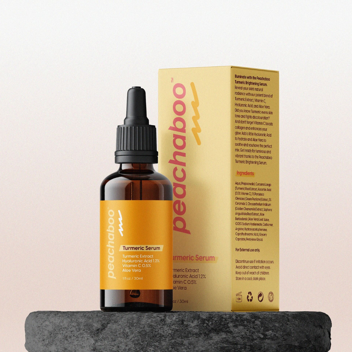 Close up shot of Peachaboo Turmeric Brightening Serum & packaging