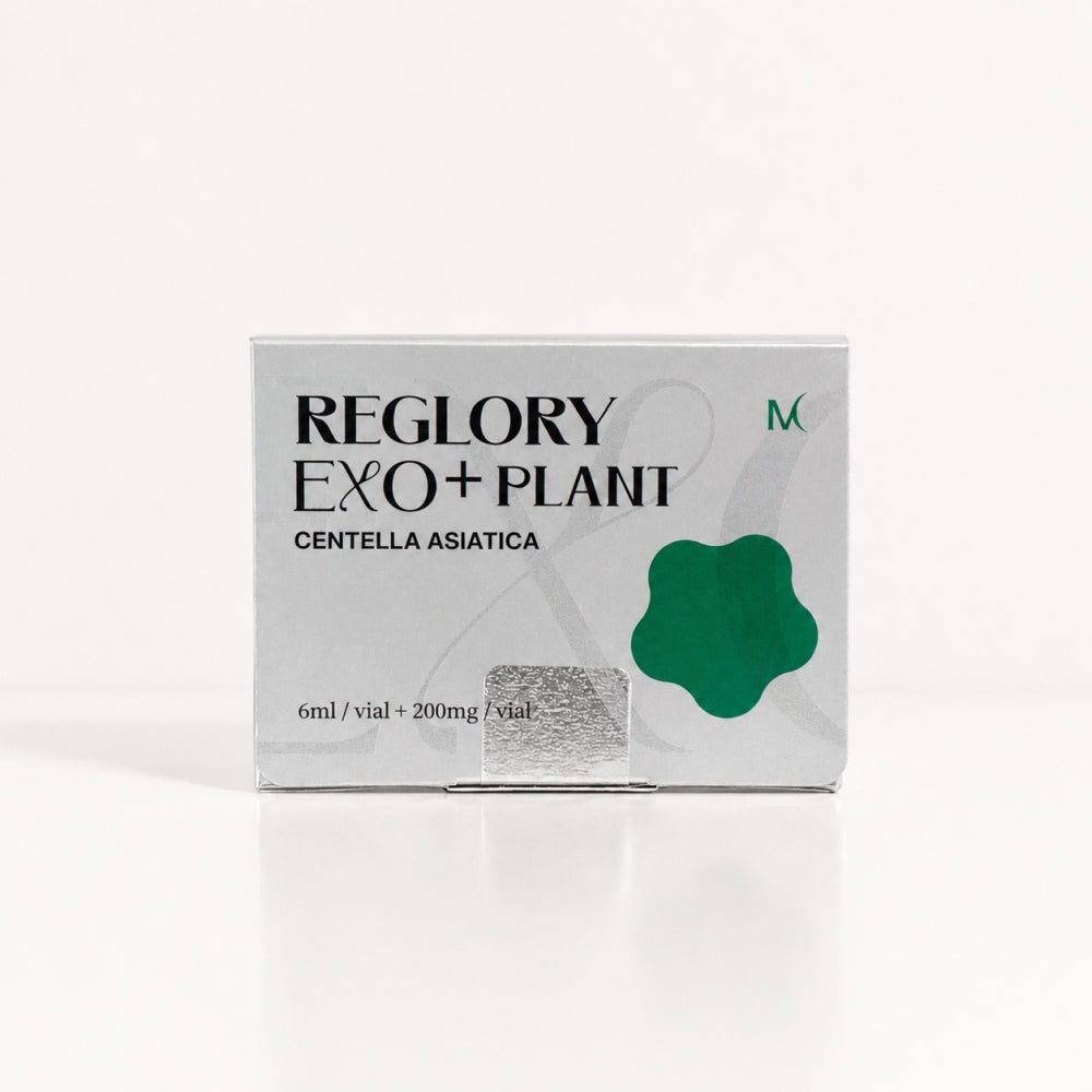 Front view of Reglory EXO+Plant Centella Asiatica silver box on a white studio background