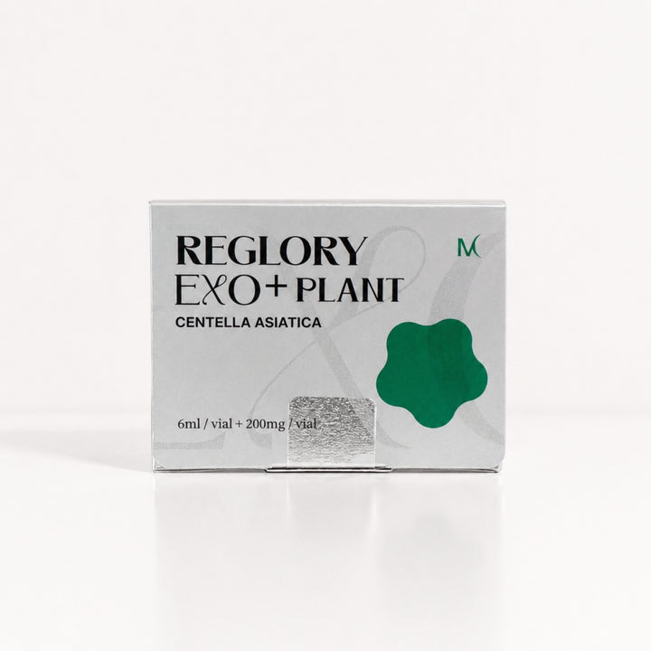 Front view of Reglory EXO+Plant Centella Asiatica silver box on a white studio background