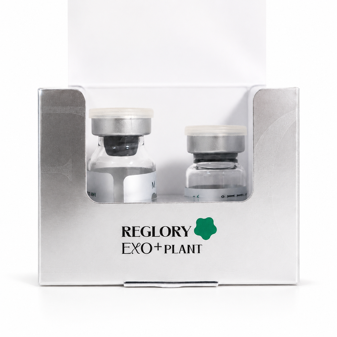 Close-up of Reglory EXO+Plant open display box with two Centella Asiatica vials on white background