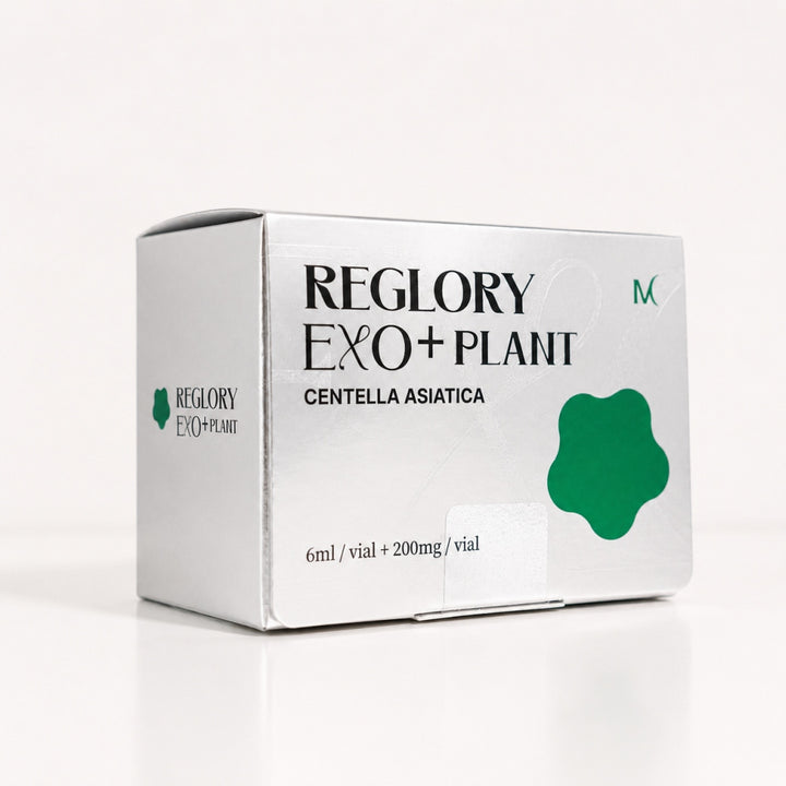 Angled view of Reglory EXO+Plant Centella Asiatica silver box on a white studio background