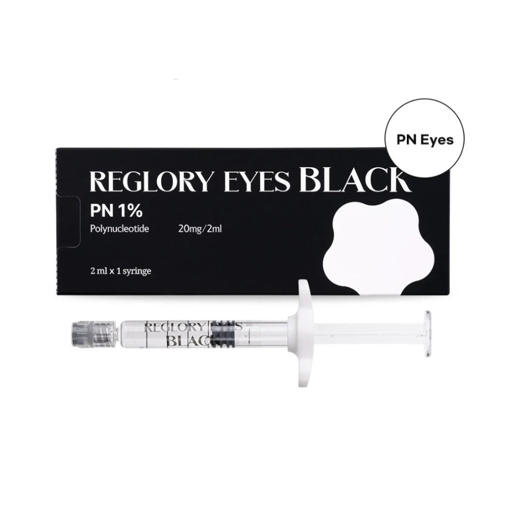 Reglory EYES BLACK – Premium Eyes Rejuvenation Booster,  PN 1% syringe and packaging, with PN eyes icon