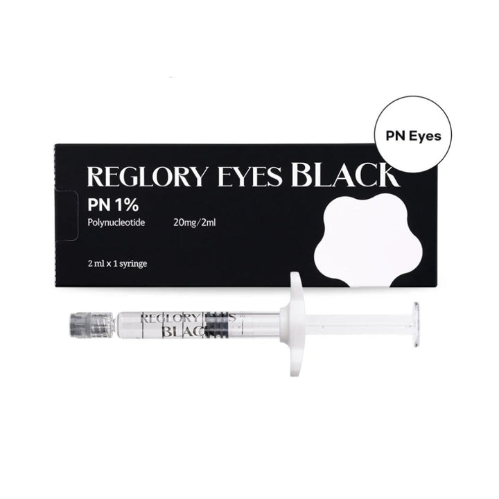 Reglory EYES BLACK – Premium Eyes Rejuvenation Booster,  PN 1% syringe and packaging, with PN eyes icon