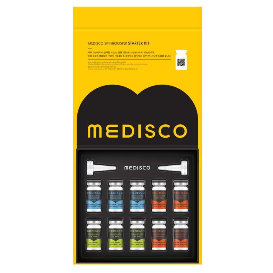 Inside view of Medisco skin booster starter kit with ampoules and MTS applicator tips