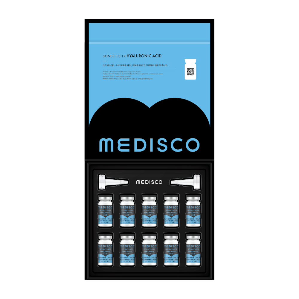 Medisco Skinbooster Hyaluronic Acid  opened box, showcasing vials and applicators