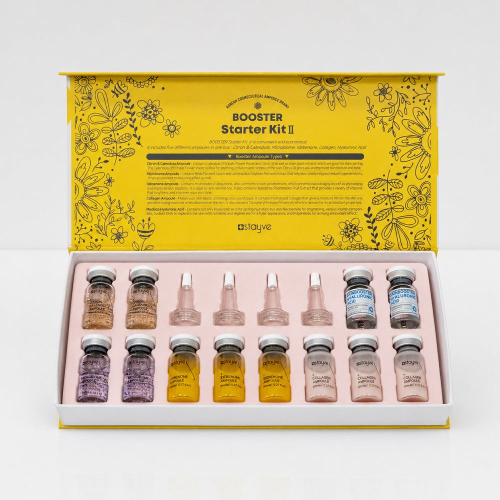 Open Stayve Booster Starter Kit II with ampoule vials and applicator caps in yellow box