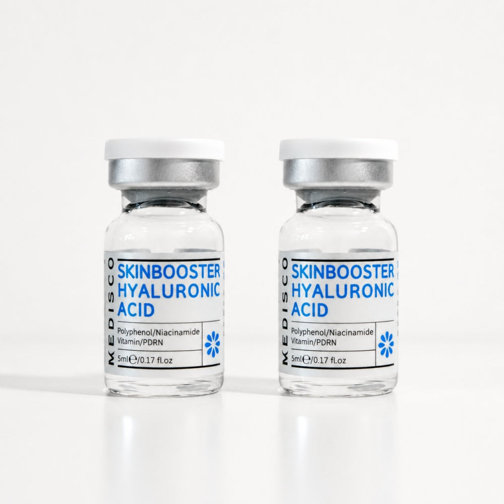 Two Medisco Skinbooster Hyaluronic Acid vials for professional skin hydration treatments
