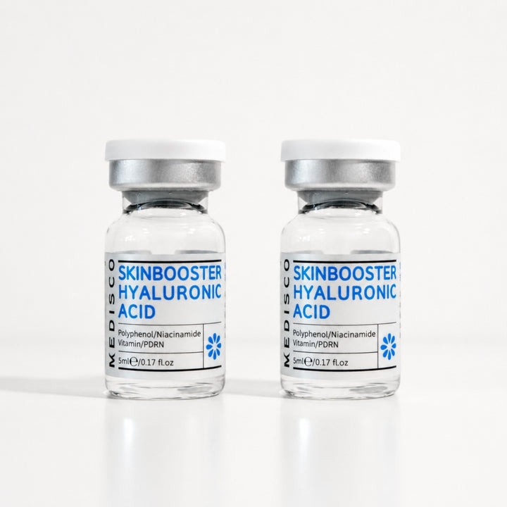 Two Medisco Skinbooster Hyaluronic Acid vials for professional skin hydration treatments