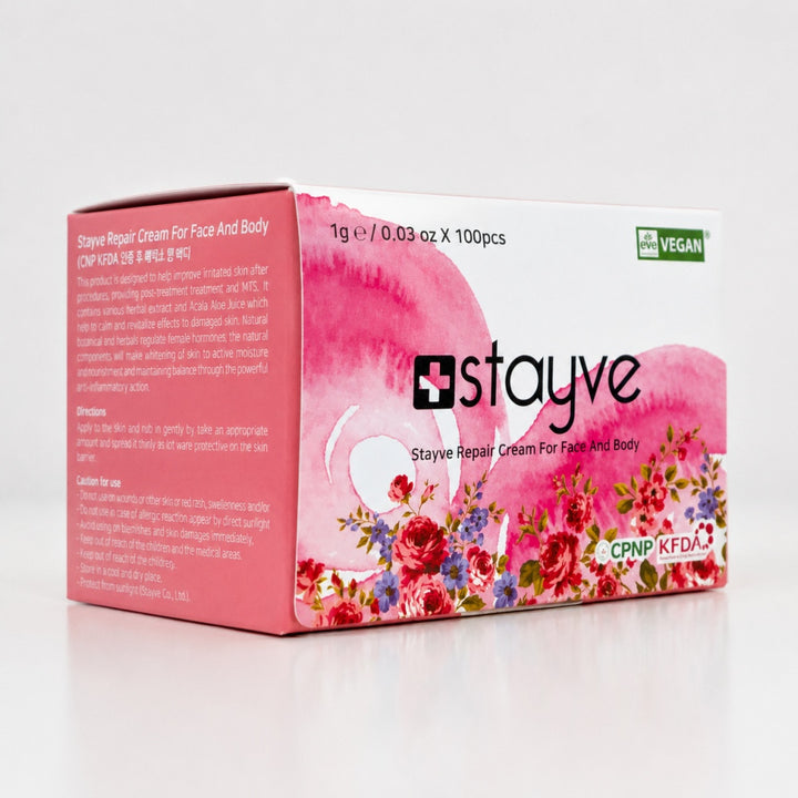 Stayve Repair Cream for Face and Body 100-piece box with pink floral packaging