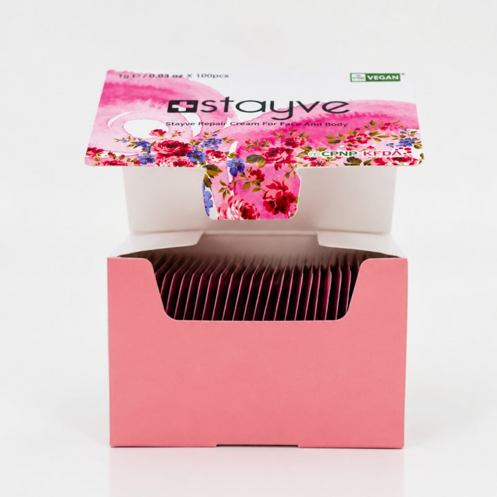 Stayve Repair Cream for Face and Body 100-piece box with pink floral packaging