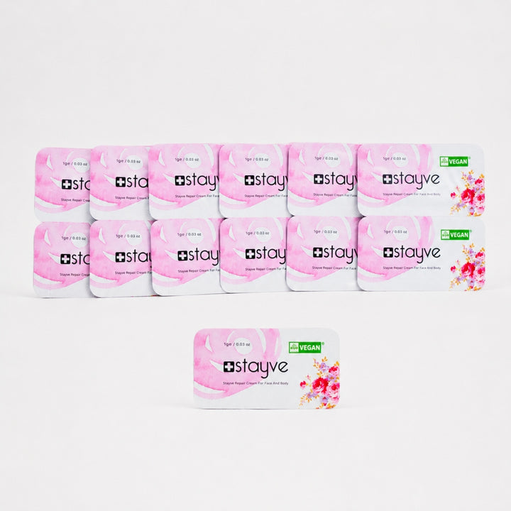 Multiple Stayve Repair Cream sachets arranged with one individual vegan cream sachet in front
