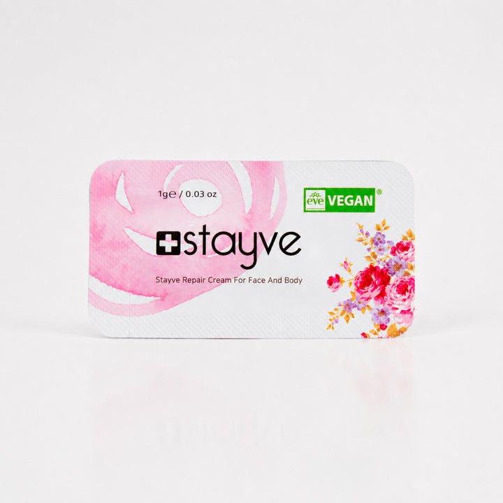 Close-up of Stayve Repair Cream for Face and Body single-use vegan sachet