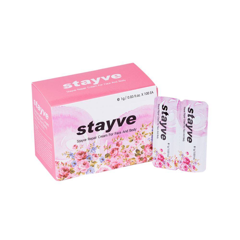 Stayve Repair Cream for Face and Body 100-piece box with pink floral packaging