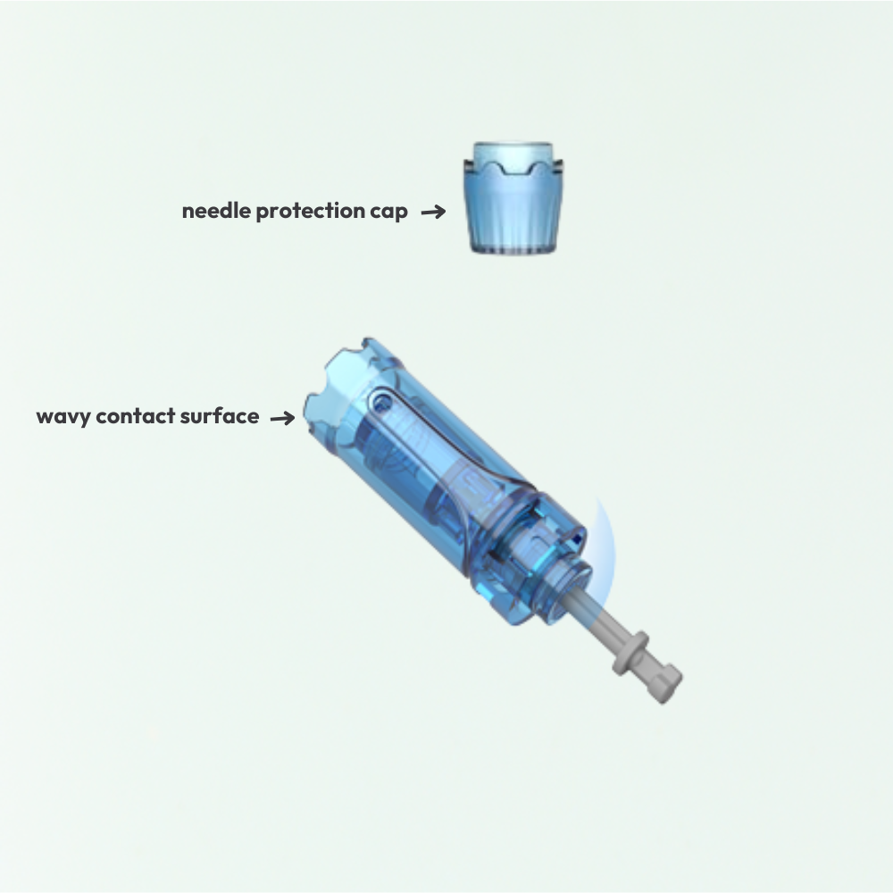 Wavy contact surface & needle protection cap of 18 Pin Replacement Cartridges for A9 